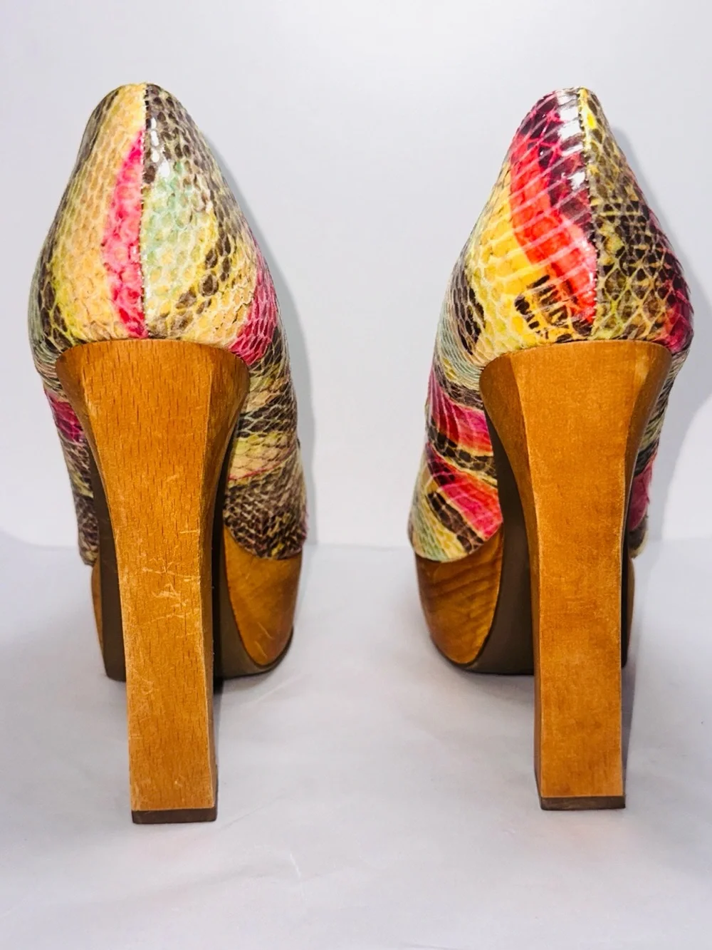 Zigi Soho Yellow Pink Multicolor Snakeskin Peep-Toe Platform Heels